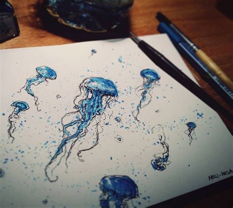 Jellyfish Drawing In Blue Ink