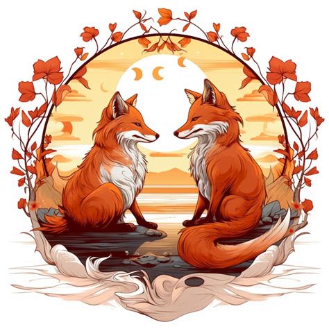 Premium Photo Illustration Of Two Foxes Sitting On A Rock In Front Of