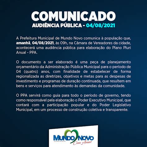 Prefeitura de Mundo Novo comunica à população que terá audiência