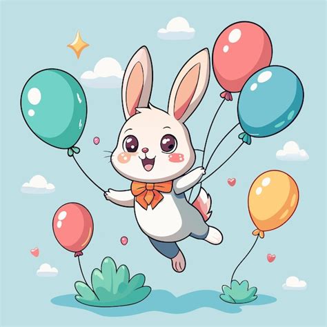 Premium Vector Cartoon Style Bunny Flying With Balloons Vector Art