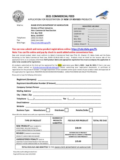 Fillable Online Agri Idaho APPLICATION FOR REGISTRATION OF NEW OR