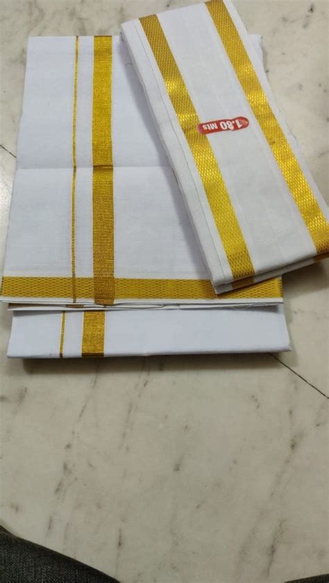 Exclusive Cotton White Lungisingle Dhoti With Golden Zari Border With