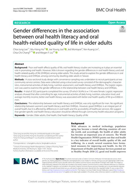 Pdf Gender Differences In The Association Between Oral Health Literacy And Oral Health Related