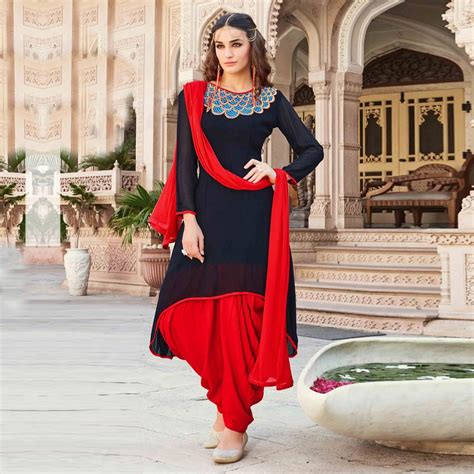 Red Embroidered Work Patiala Suit Crayon