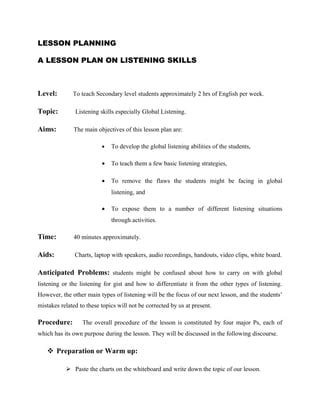 A LESSON PLAN ON LISTENING SKILLS PDF