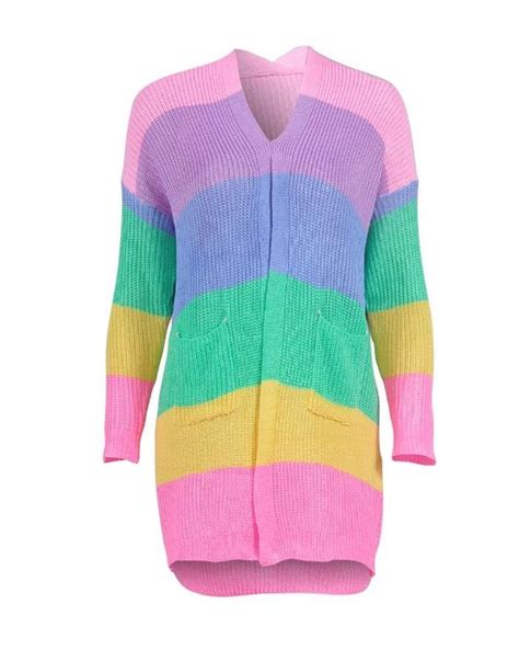 Emmiol Kostenloser Versand Regenbogen Streifen Lange Strickjacke