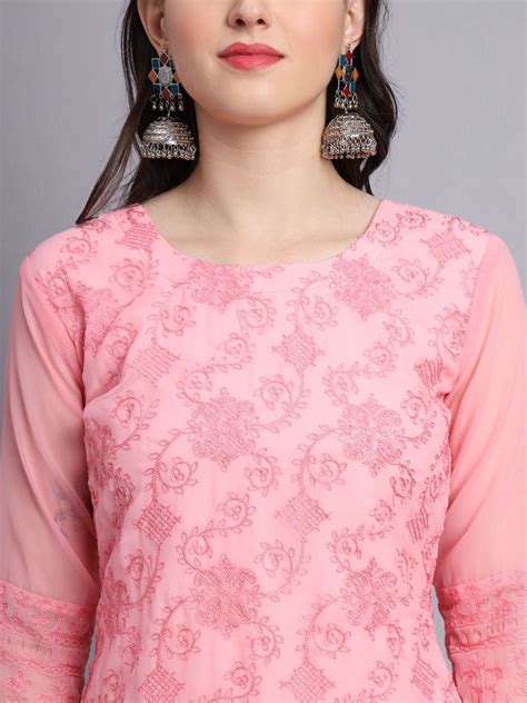 DESIGNER GEORGETTE CHICKENKARI WORK ONLY KURTI PINK Ethnicgarment