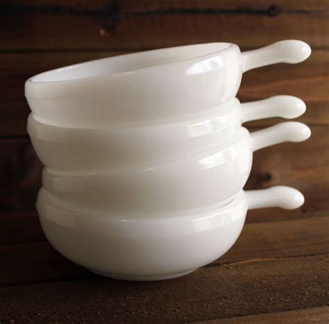 Vintage Milk Glass Soup Bowls with Handles - Set of 4