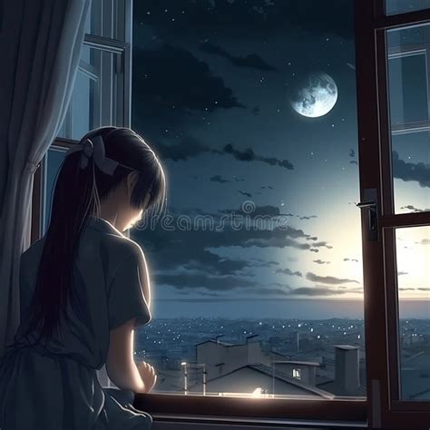 Anime Girl Viendo Noche A La Luz De La Luna A Través De Ventana En Noche Ai Generativo Stock De