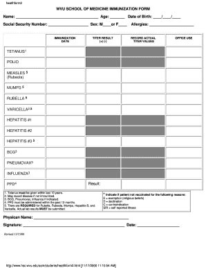 Fillable Online Hsc Wvu Wvu School Of Medicine Immunization Form Name