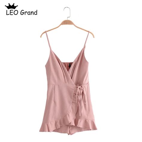 Leo Grand Women Sweet Pink Jumpsuit Sexy Cross V Neck Spaghetti Strap Ruffles Design Drawstring