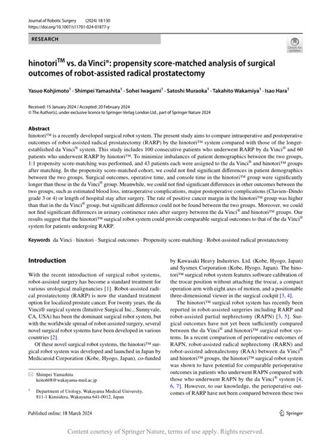 Hinotori Vs Da Vinci Propensity Score Matched Analysis Of Surgical