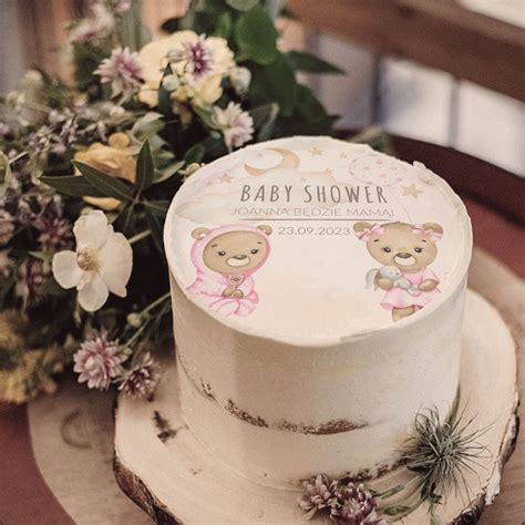 OPŁATEK na tort Baby Shower Z IMIENIEM Miś Różowy Ø20cm