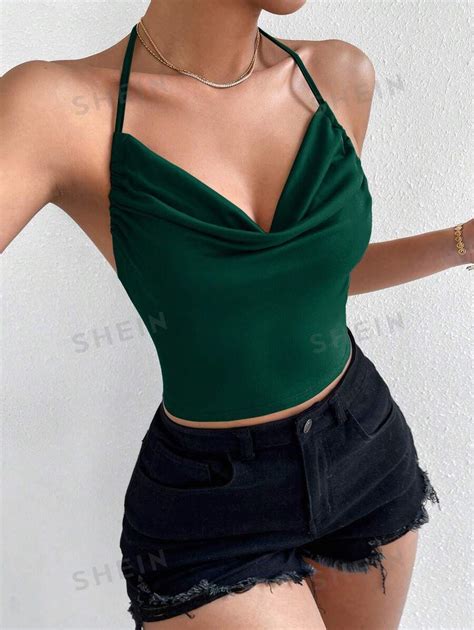 Shein Privé Top Halter Con Fruncido Delantero De Espalda Abierta Con Cordón Moda De Mujer