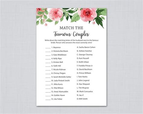 Match The Famous Couples Printable Bridal Shower Engagement Etsy