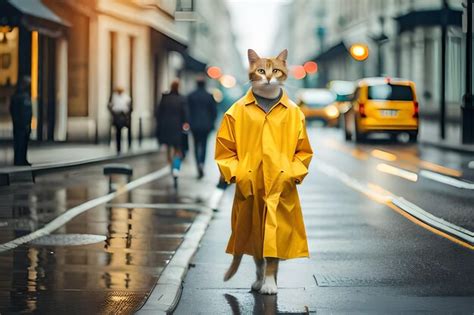 Premium AI Image | a cat in a raincoat with a yellow raincoat on