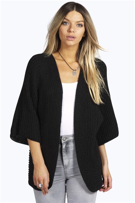 Ribbed Curved Hem Kimono Cardigan Black Kimono Cardigan Cardigan