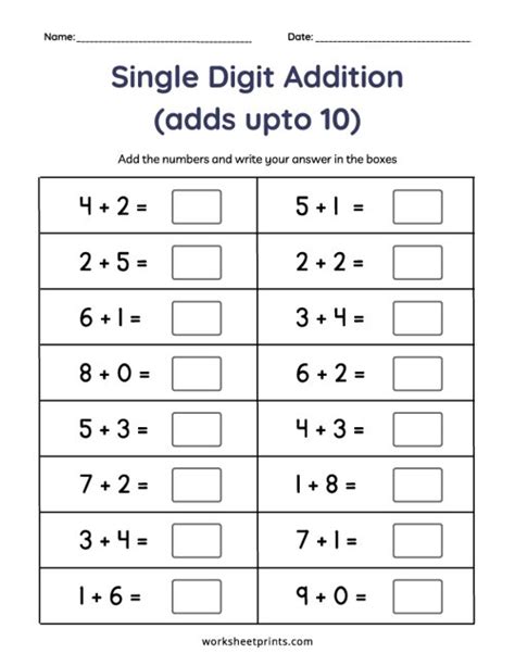 Printable Add Single Digit Numbers Adds Upto 10 Worksheet Worksheetprints