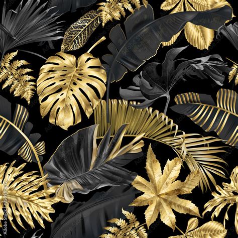 Vector Pattern With Gold Black Tropical Leaves Stock Vector Adobe Stock