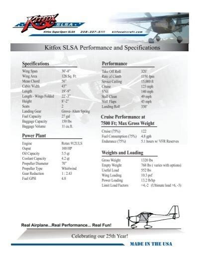 Performance and Specifications - Kitfox Aircraft