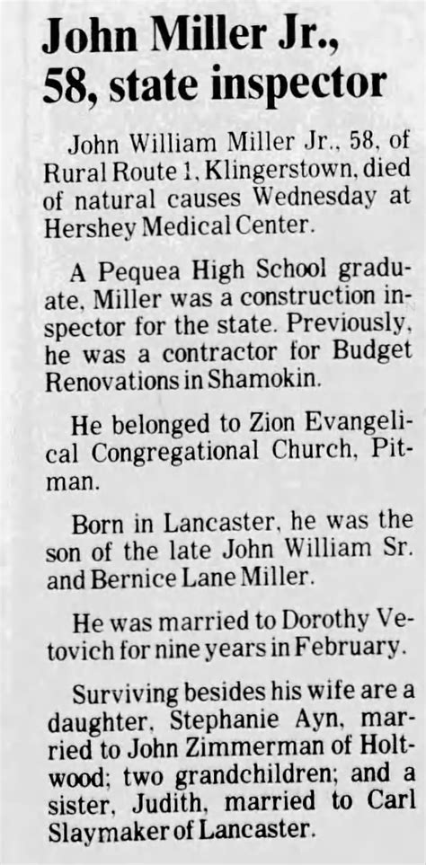 John William Miller Jr 2001 Obituary ™