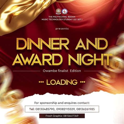 The Dinner And Award Night Flyer Is Shown In Red Gold And White Colors