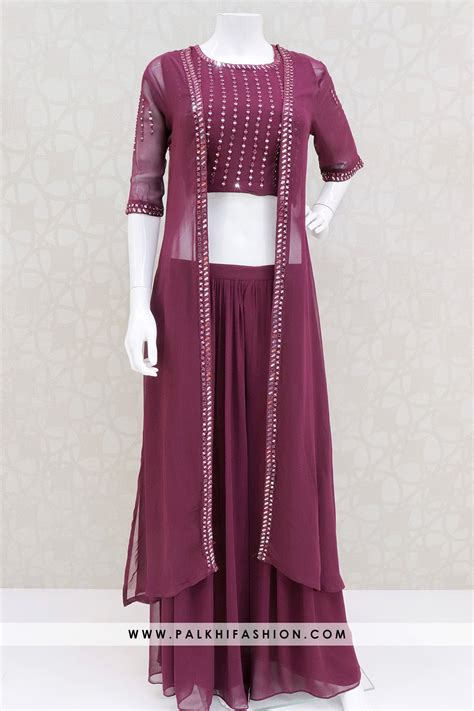 Wine Color Pure Georgette Jacket Style Palazzo Suit Palkhi Fashion