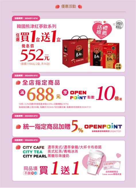 7 11 58 512 母親節優惠：超商消費滿688元 Openpoint點數10倍送 、city 系列飲品同品項買一送一不限冰熱