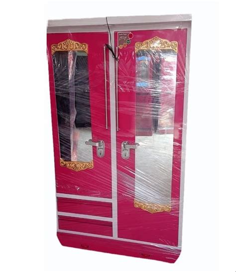 With Locker Pink Double Door Stainless Steel Mirror Almirah Shelves