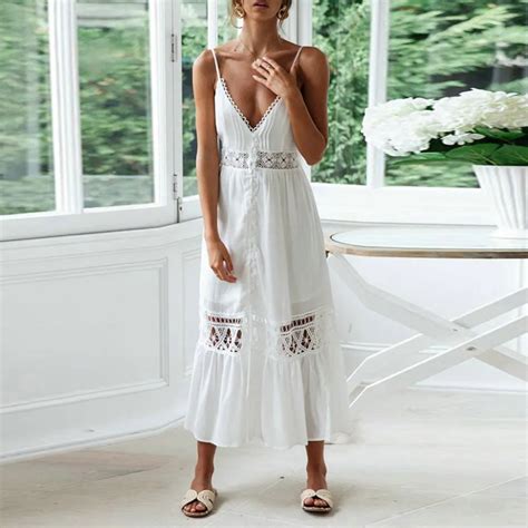 White Summer Dress Women Casual Solid Long Dress V Neck Lace Patchwork