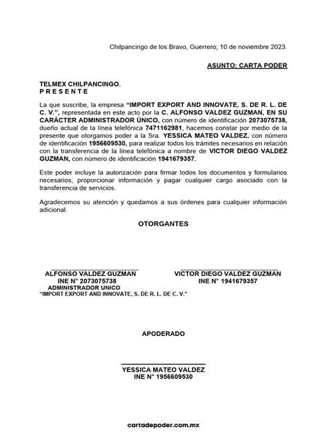 Carta Poder Para Cambio De Propietario De Una Linea Telmex 1 Pdf