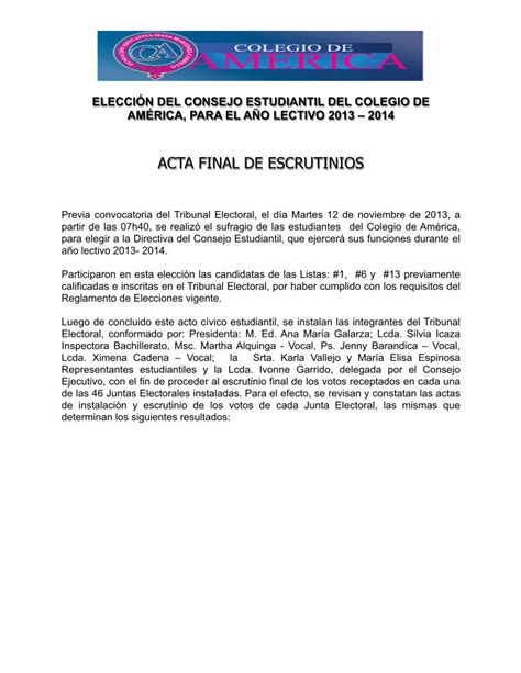 Pdf Elecci N Del Consejo Estudiantil Del Colegio De Acta Final De