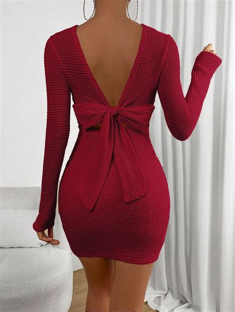 Floerns Womens Solid Long Sleeve Backless Tie Back Bodycon Mini Dress