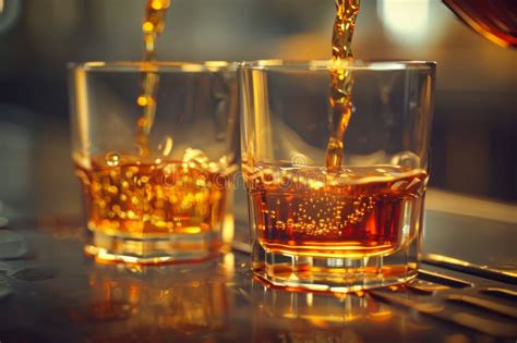 Whiskey Pouring Into Glass With Golden Bubbles Stock Photo Image Of