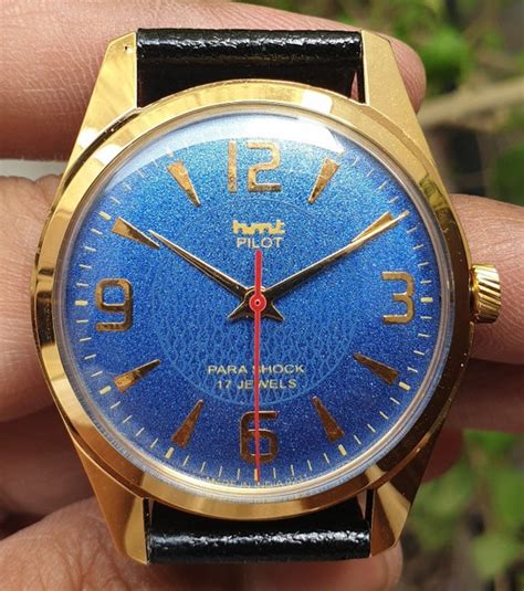 Vintage Hmt Pilot Blue Dial Gold Plated Hand Winding Gem