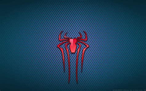 the amazing spider - man logo on a blue and red wallpaper with black dots