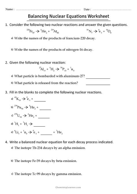 Free Printable Balancing Nuclear Equations Worksheets Worksheets Library