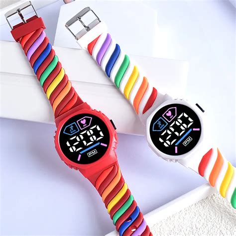 Montre Bracelet Num Rique LED Pour Enfants Tanche Silicone Arc En Ciel