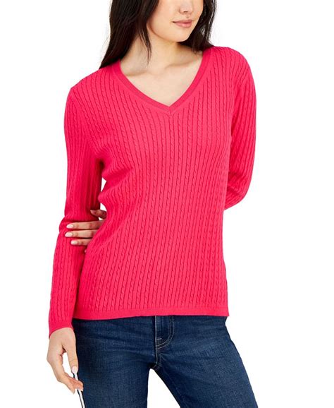 Tommy Hilfiger Womens Cotton Cable Knit V Neck Ivy Sweater Macys