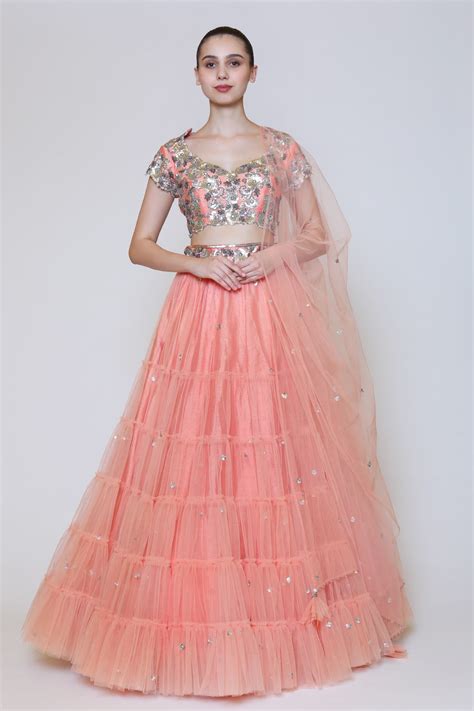 Buy Peach Net Embroidered Sequins V Neck Lehenga Set For Women By Preeti S Kapoor Online At Aza