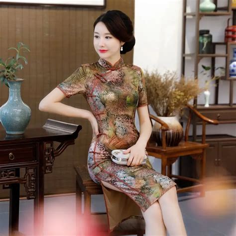 Plus Size Cheongsam Knee Leng Traditional Chinese Style Womens Silk