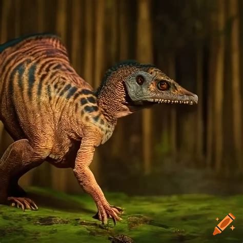 Bipedal feathered dinosaur with civet color pattern in natural ...