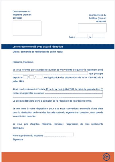 Lettre de résiliation de bail modèle à télécharger gratuitement