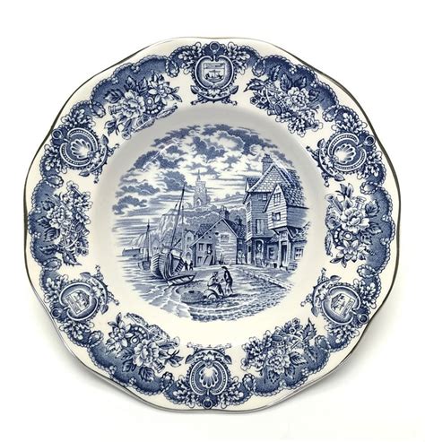 Prato Decorativo Branco E Azul Em Porcelana Inglesa Bristol Motivo