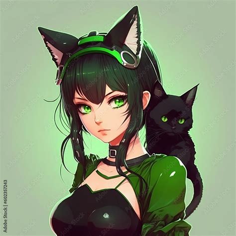 ภาพประกอบสต็อก Anime Girl With Cat Black Hair Neko Girl With Green Eyes In Anime Outfit