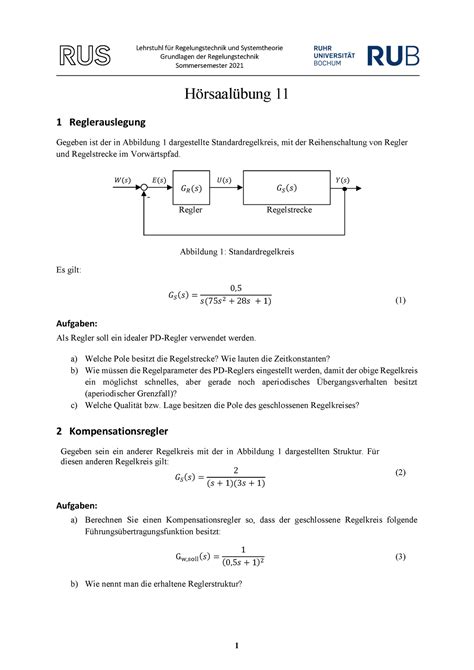 Hoersaaluebung Aufgaben Lehrstuhl F R Regelungstechnik Und