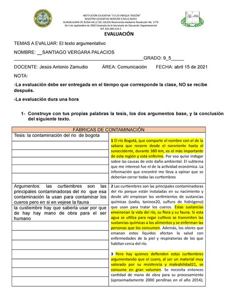 Evaluación El Texto Argumentativo Fábricas de contaminación