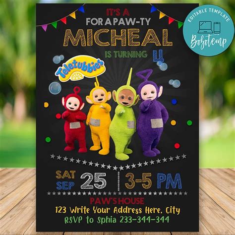 Editable Teletubbies Birthday Invitation Instant Download | Bobotemp