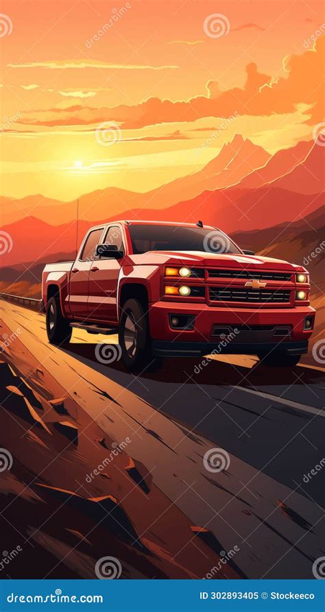 Hyper Detailed Illustration Of Chevrolet Silverado Ram Truck At Sunset On The Road Stock