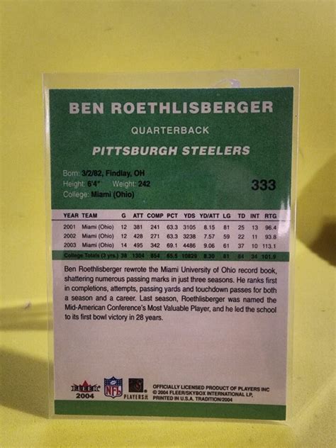 2004 Fleer Tradition Green 333 Ben Roethlisberger RC SP EBay